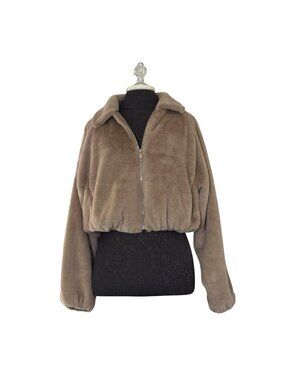 Stitch Fusion Crop Coat S Brown Tan Taupe Faux Fur Long Sleeve Pockets Zip Front